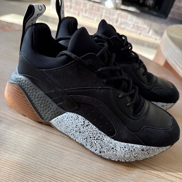 Stella McCartney Black Faux Leather + Suede Eclypse Low Top Sneakers Sz 37 $685 - Picture 2 of 9